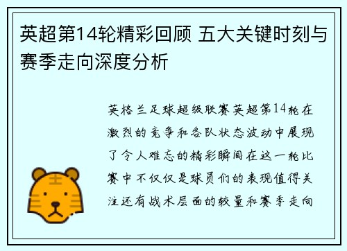 英超第14轮精彩回顾 五大关键时刻与赛季走向深度分析